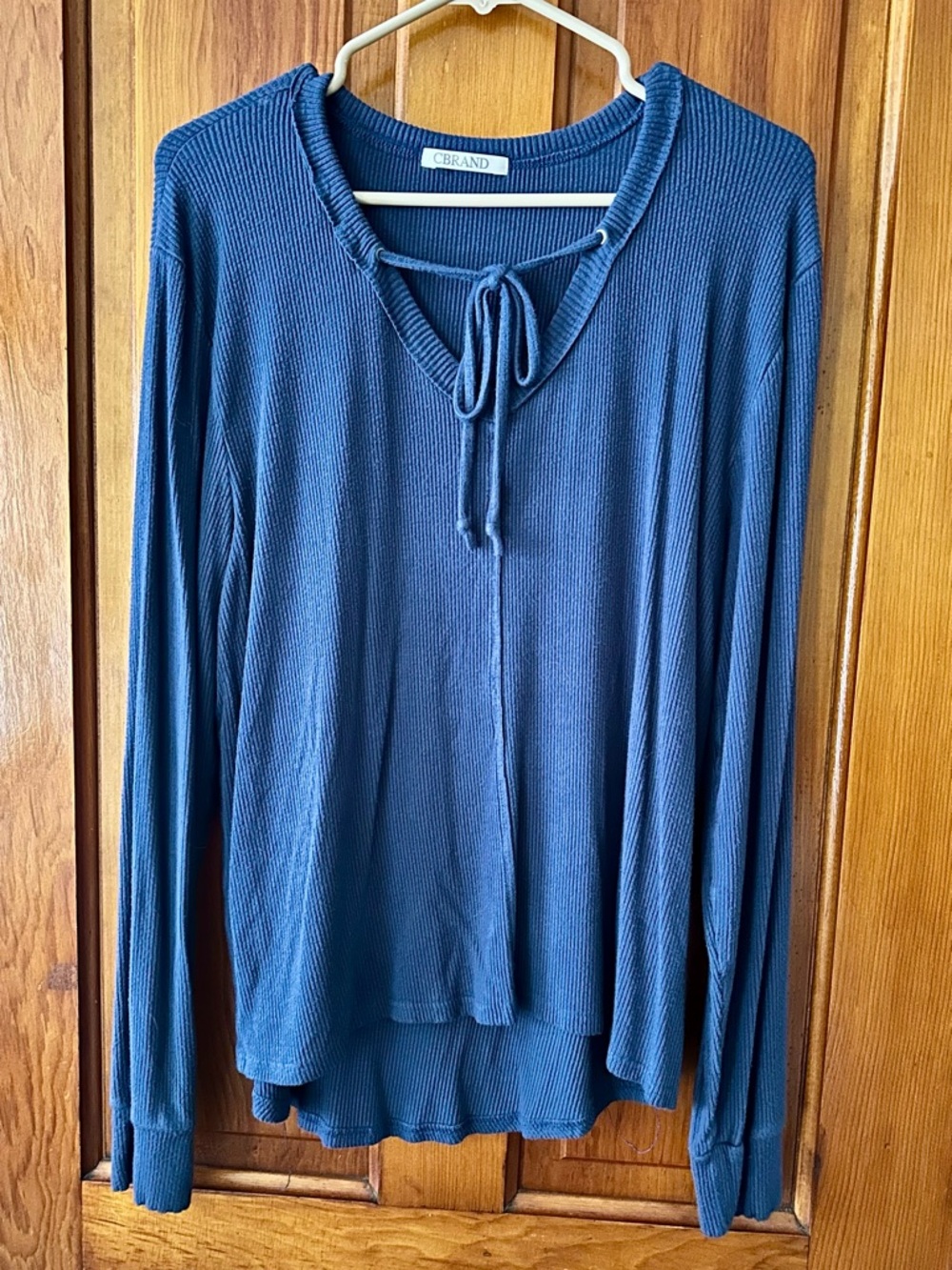 C Brand Blue Long-Sleeve Tie-Neck Ribbed Top